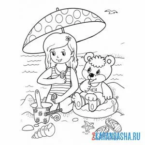 Распечатать раскраску девочка с медведем на пляже на А4