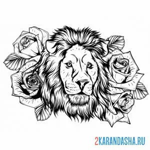 Распечатать раскраску лев и розы на А4