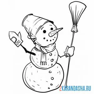 Раскраска снеговик с метлой и ведром онлайн