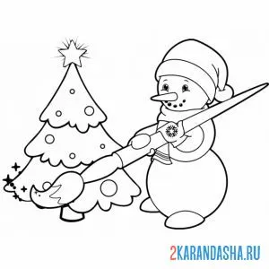 Раскраска снеговик рисует елку онлайн