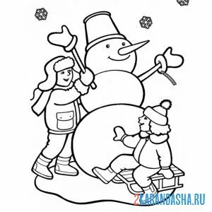 Распечатать раскраску дети и веселы снеговик на А4