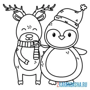 Распечатать раскраску рождественский олень и пингвин на А4