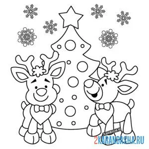 Раскраска два новогодний оленя и елка онлайн