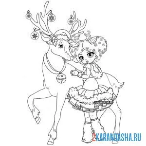 Распечатать раскраску принцесса и новогодний олень на А4