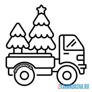 Распечатать раскраску грузовик везет новогоднюю елку на А4