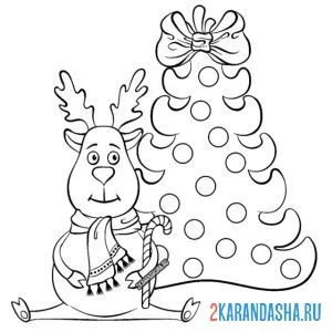 Раскраска новогодний олень и новогодняя елка онлайн