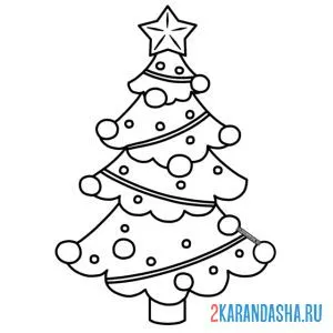 Раскраска новогодняя елочка с гирляндой и шарами онлайн