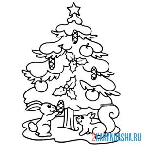 Раскраска зверята украшают новогоднюю елку онлайн