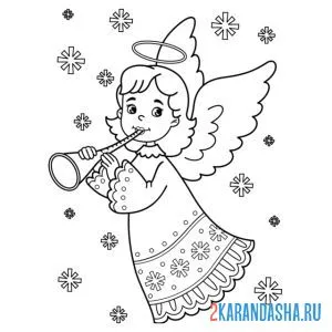 Распечатать раскраску рождественский ангел играет на трубе на А4