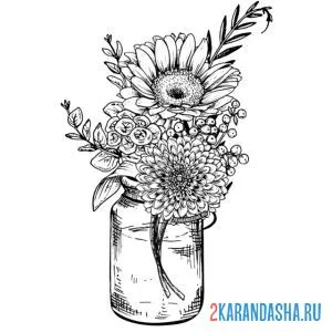 Раскраска букет цветов в банке онлайн