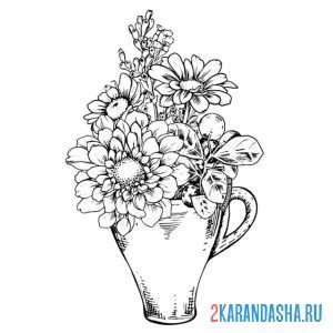 Раскраска цветы в кружке онлайн