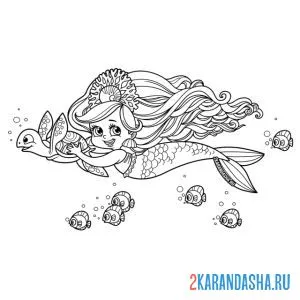 Раскраска русалка плавает с черепахой онлайн