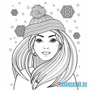 Раскраска девушка в зимней шапке онлайн