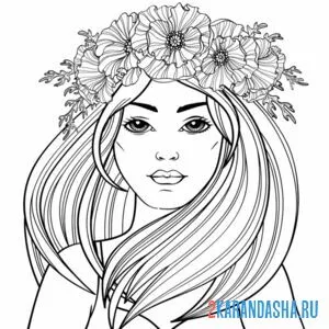 Онлайн раскраска девушка с цветами на голове