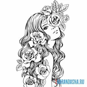 Раскраска девушка и розы онлайн