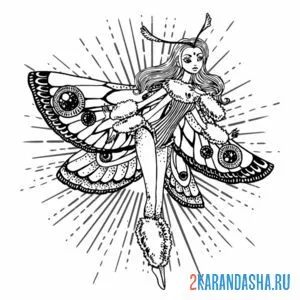 Распечатать раскраску аниме девушка-бабочка на А4