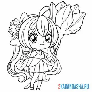 Распечатать раскраску аниме девушка с цветком на А4