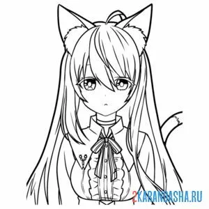 Распечатать раскраску неко аниме девушка кошка на А4