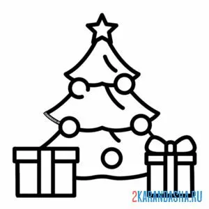 Раскраска новогодняя елка со звездой и подарками онлайн