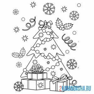 Раскраска новогодняя елка с гирляндой и конфетти онлайн
