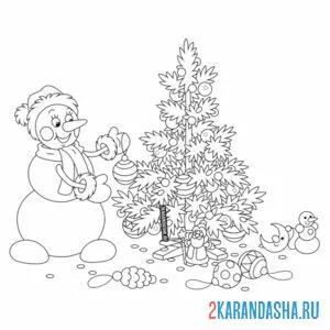 Раскраска снеговик с новогодней елкой онлайн