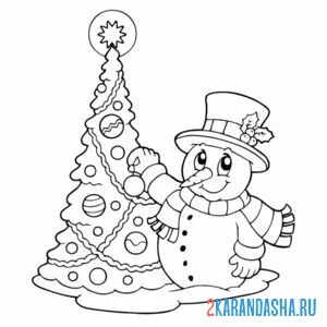 Раскраска новогодняя елка и снеговик онлайн