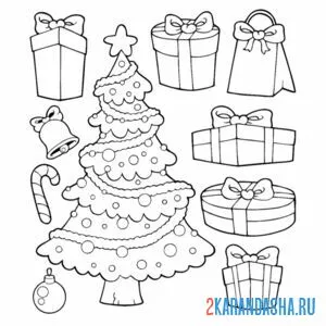 Раскраска новогодняя елка и подарки рядом онлайн