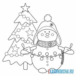 Онлайн раскраска новогодняя елка и смешной снеговик