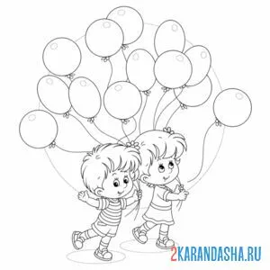 Раскраска девочка и мальчик с воздушными шарами онлайн