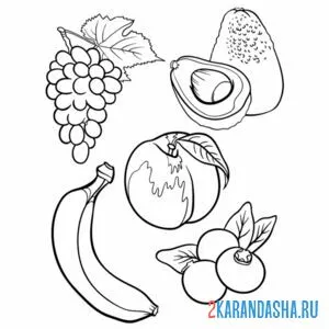 Распечатать раскраску банан, персик, ежевика, виноград и авокадо на А4