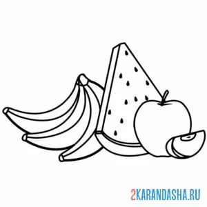 Онлайн раскраска банан, арбуз и яблоко