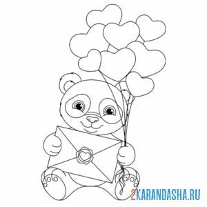 Раскраска панда и сердечки онлайн