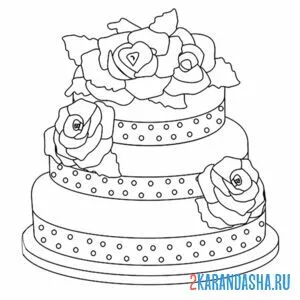Распечатать раскраску торт с розами на А4