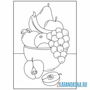 Раскраска натюрморт с тарелкой фруктов онлайн