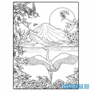 Раскраска японский журавль и горы онлайн