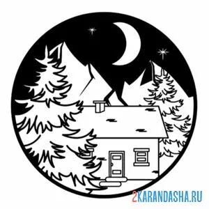 Раскраска ночью дом в горах онлайн