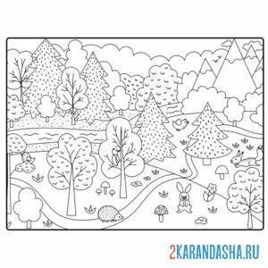 Раскраска лес, горы, животные онлайн