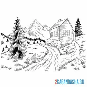 Раскраска большой дом в горах онлайн