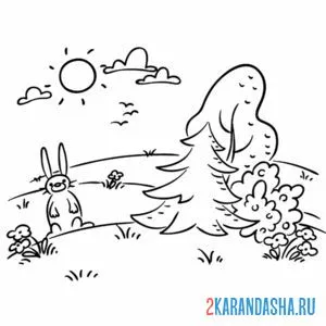 Раскраска пейзаж с зайцем онлайн