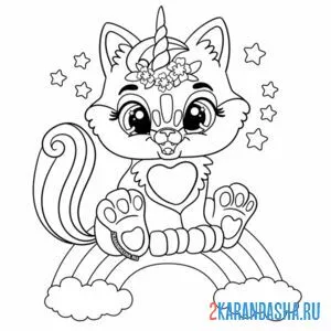 Раскраска котик-единорог на радуге онлайн