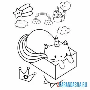 Раскраска кот-единорог в коробке онлайн