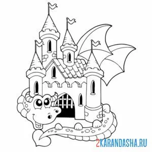 Распечатать раскраску дракон вокруг замка на А4