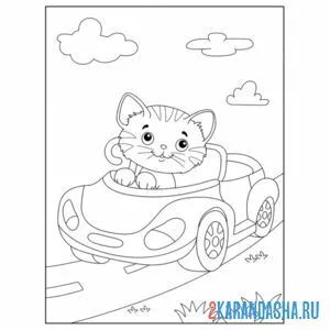 Распечатать раскраску кот на машине на А4