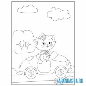 Распечатать раскраску кошка на машине на А4