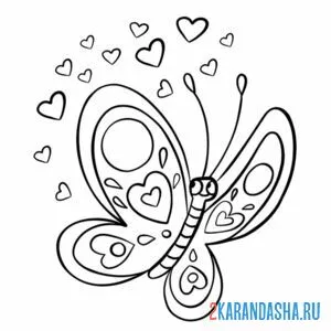 Раскраска бабочка и сердечки онлайн