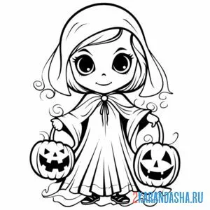Раскраска девочка на хэллоуин с тыквой онлайн