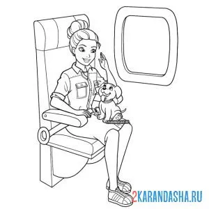 Распечатать раскраску красивая кукла барби в самолете на А4