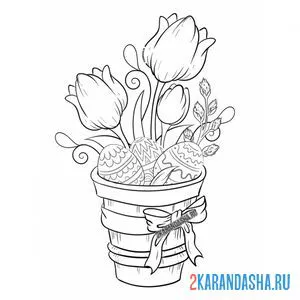 Онлайн раскраска красивая пасхальная композиция с цветами и яйцами