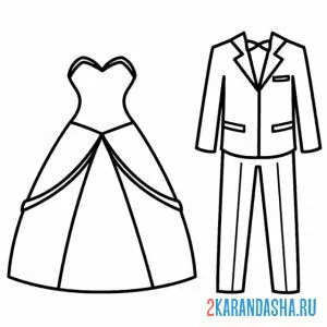 Раскраска свадебное платье и костюм жениха онлайн