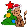 Цветной пример раскраски котик у новогодней елки